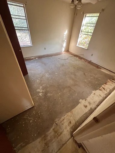 Room after flooring removal with exposed concrete